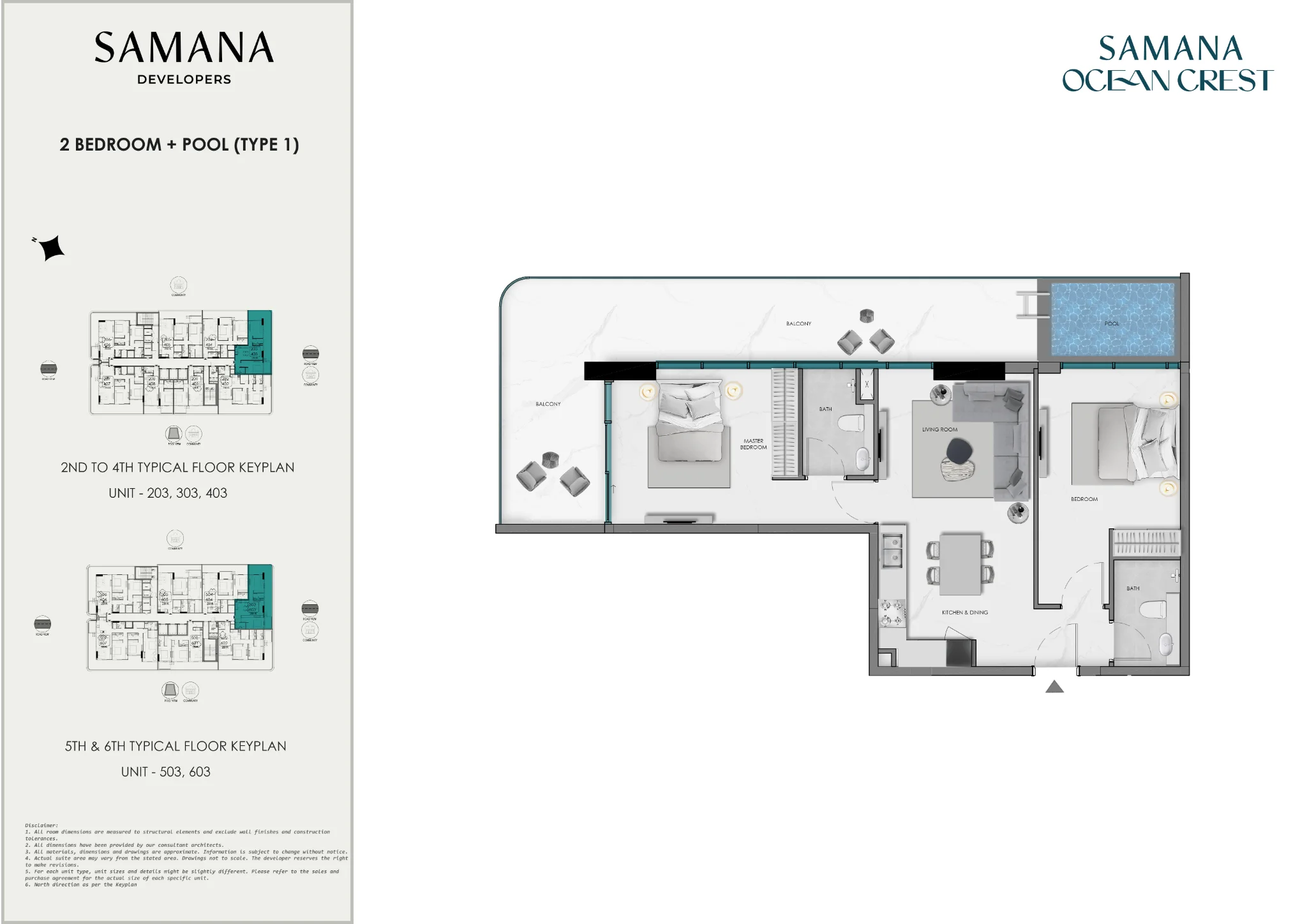 Plano: 2 dormitorios con piscina, Ocean Crest by SD