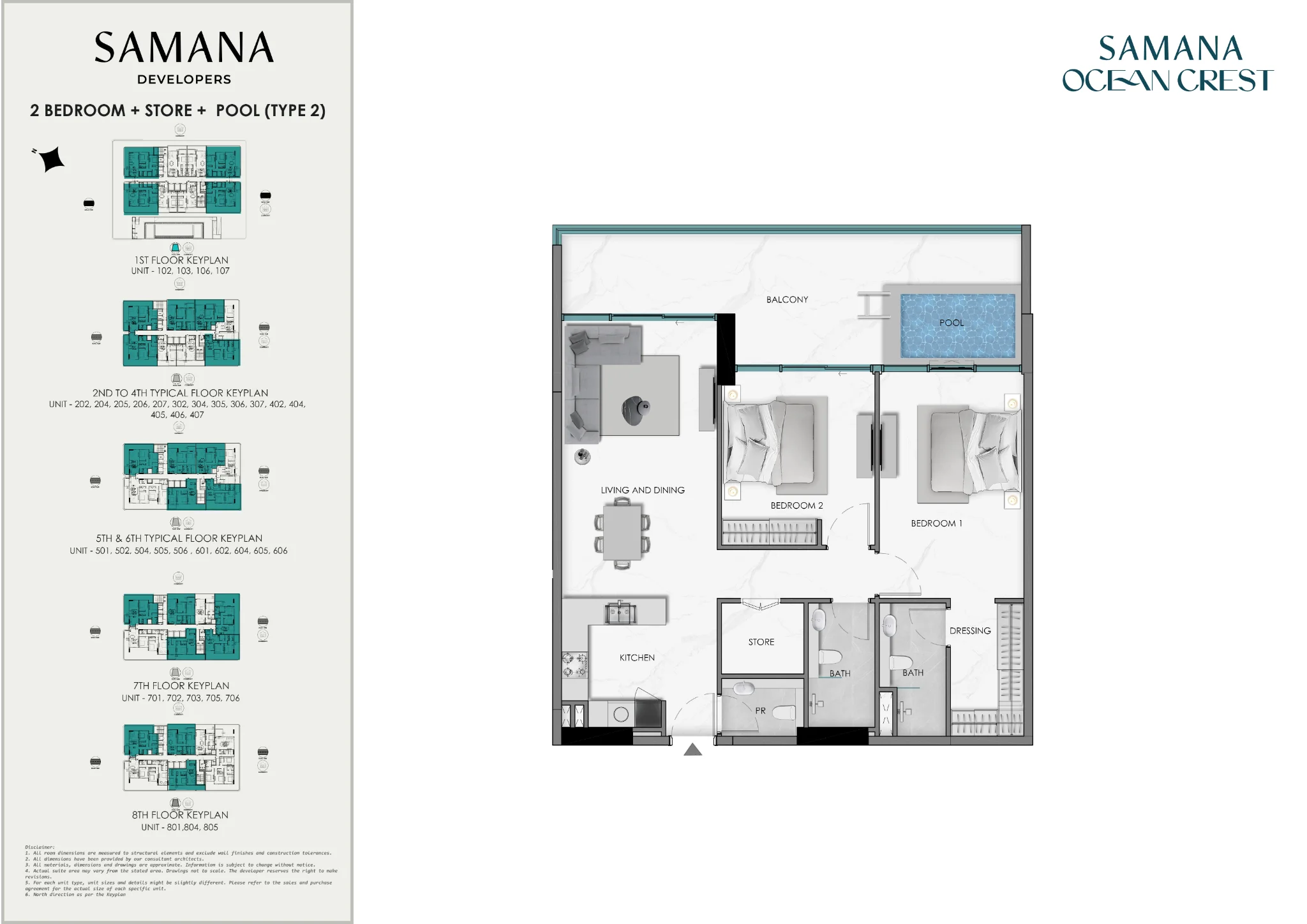 Plano: 2 dormitorios con piscina, Ocean Crest by SD