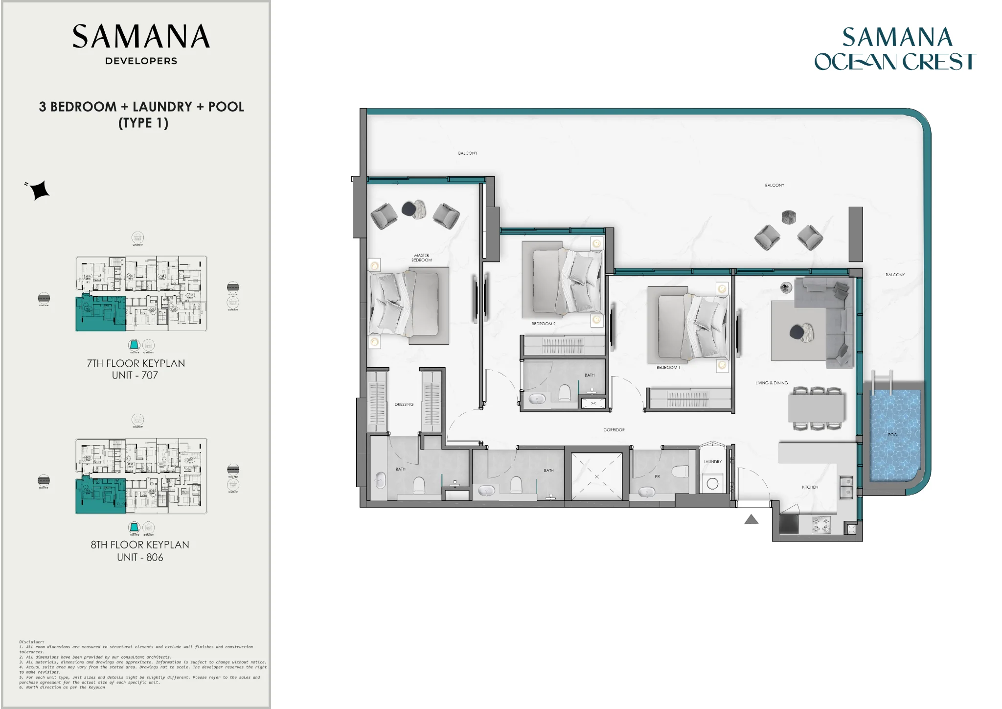 Plano: 3 dormitorios con piscina, Ocean Crest by SD