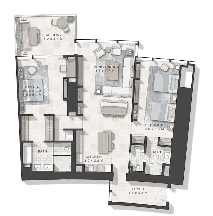 Plano: 2 dormitorios, Cavalli Tower
