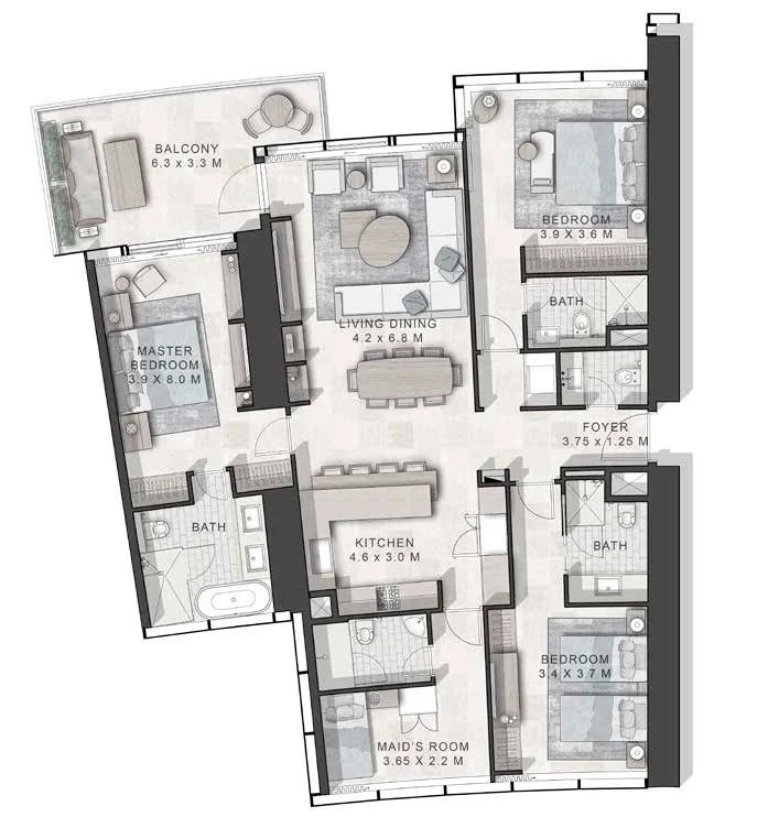Plano: 3 dormitorios, Cavalli Tower