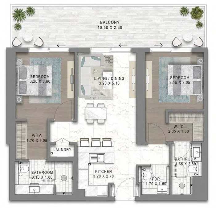 Plano: 2 dormitorios, Chelsea Residences By DAMAC