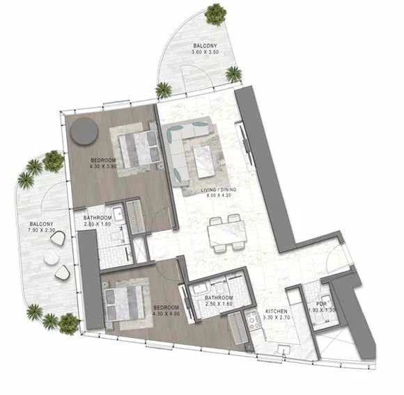 Plano: 2 dormitorios, DAMAC BAY BY CAVALLI