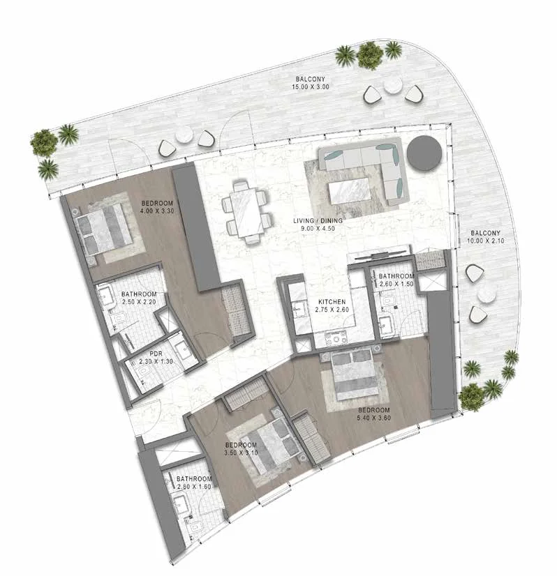 Plano: 3 dormitorios, DAMAC BAY BY CAVALLI