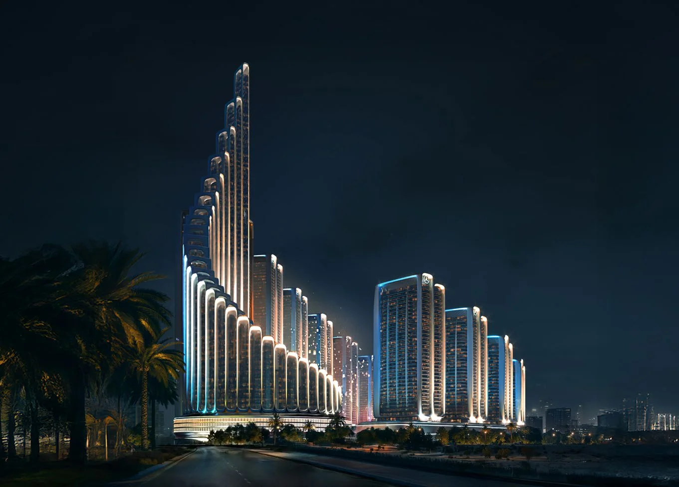 Torres de Mercedes-Benz Places Binghatti City iluminadas de noche, con la torre escalonada en primer plano, en Nad Al Sheba