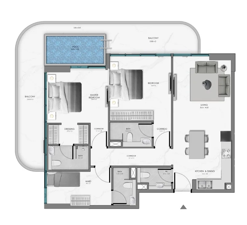 Plano: 2 dormitorios, Ocean Bay by SD