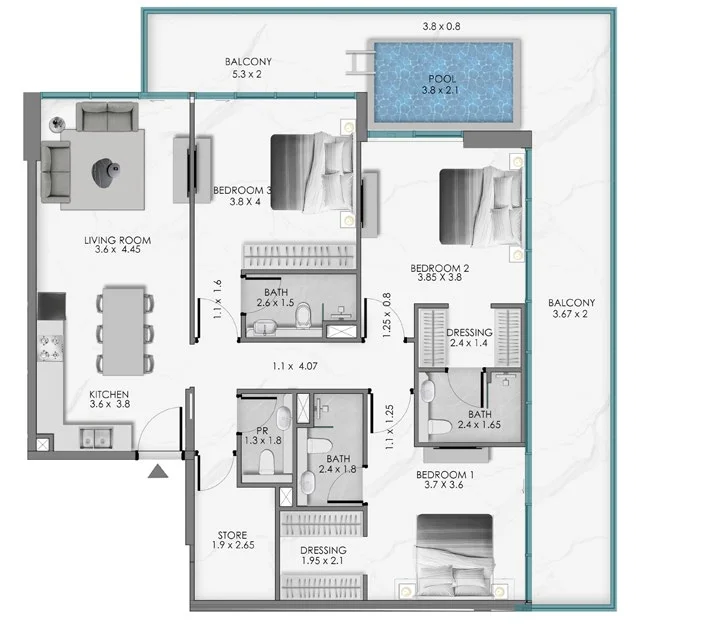 Plano: 3 dormitorios, Ocean Bay by SD