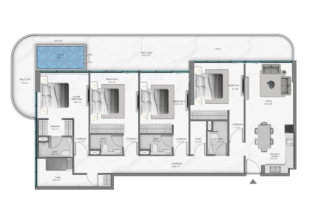 Plano: 4 dormitorios, Ocean Bay by SD