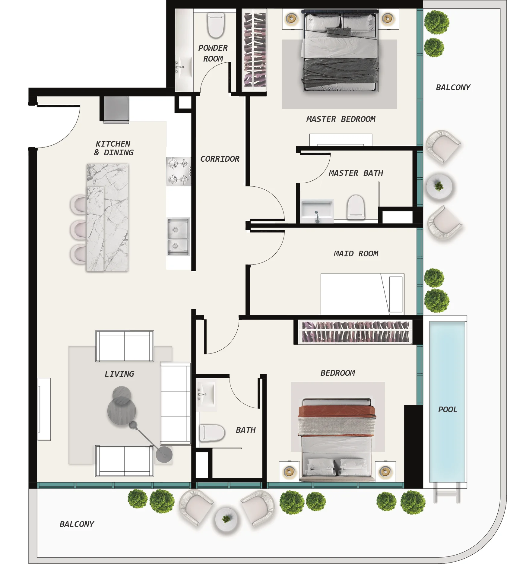 Plano: 2 dormitorios con piscina, Ocean Pearl by SD