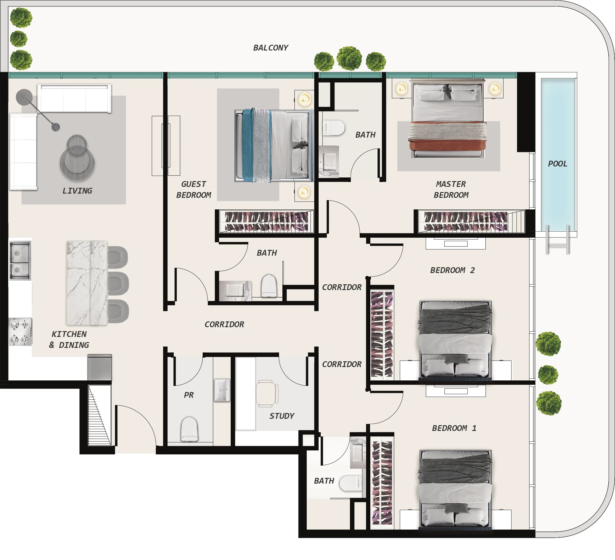Plano: 4 dormitorios con piscina, Ocean Pearl by SD