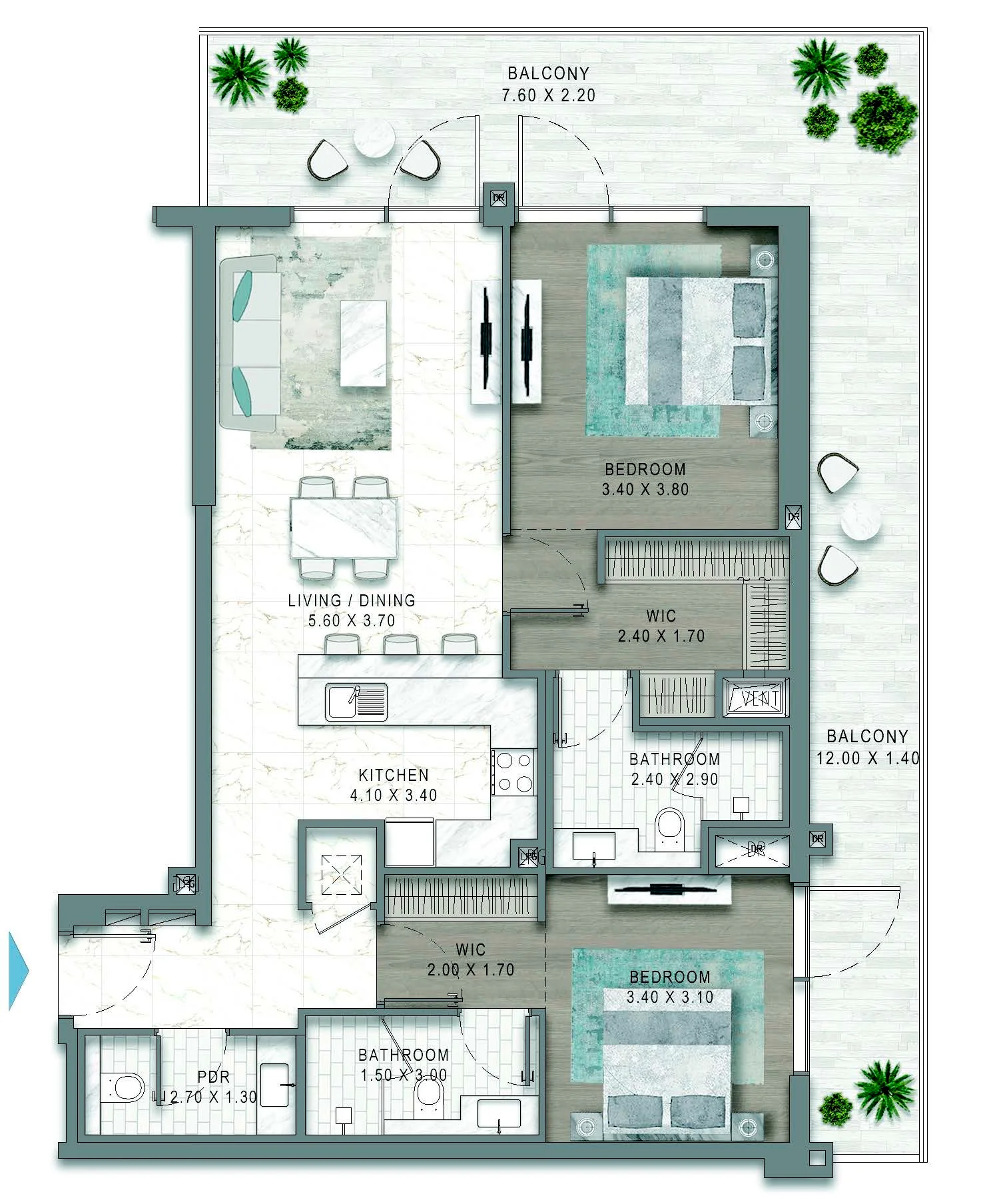 Plano: 2 dormitorios, Riverside Views - Azure 2