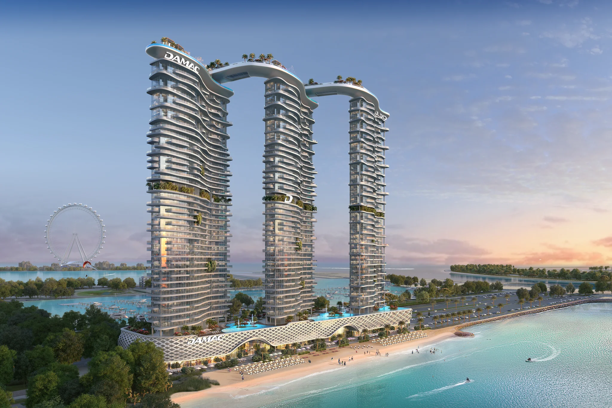 Recreación de tres torres residenciales unidas por pasarelas en lo alto, frente a la playa de Dubai Harbour, con la noria Ain Dubai al fondo.