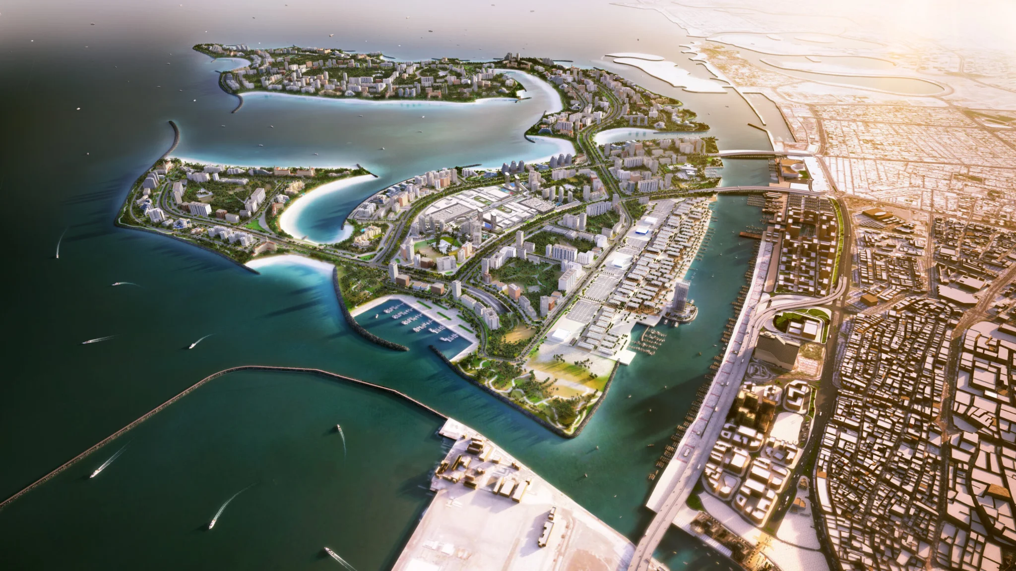 Vista aérea de Dubai Islands: cinco islas artificiales con playas y marinas frente a Deira